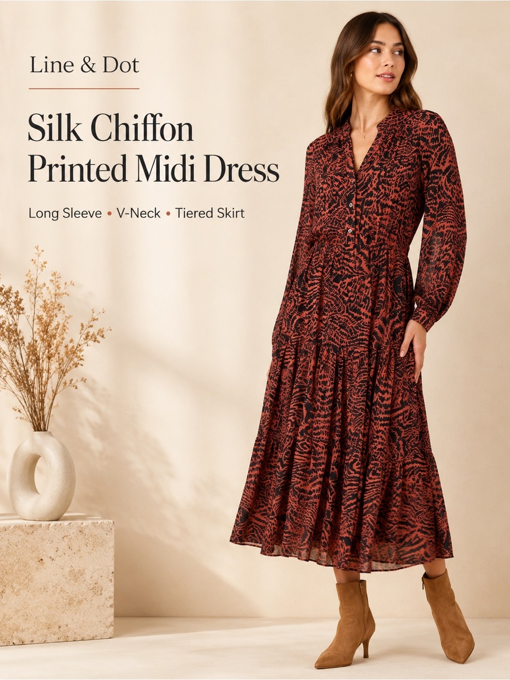 Line & Dot Silk Chiffon Printed Long Sleeve‎ Tiered V Neck Midi Peasant Dress